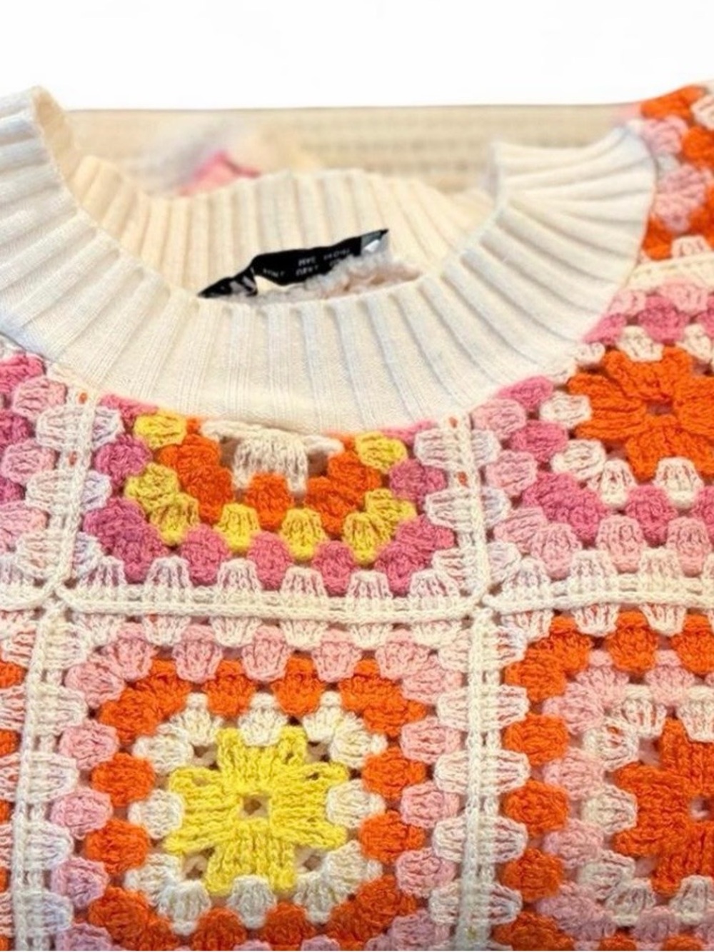 Zara womens Lg chenille crocheted pink, orange, + yellow granny square sweater - Picture 3 of 7